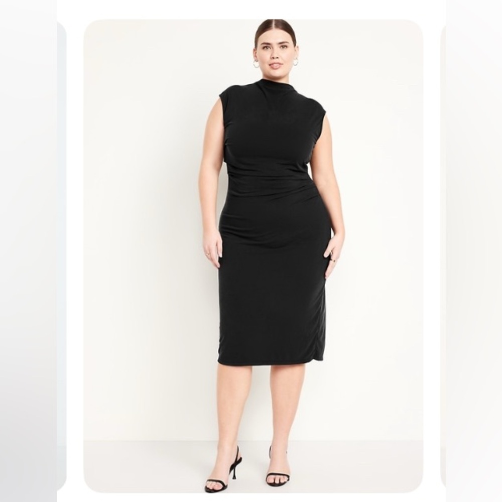 Old Navy Black Sheath Ruched Midi Dress Mock Neck Sleeveless NWOT - Elegant!